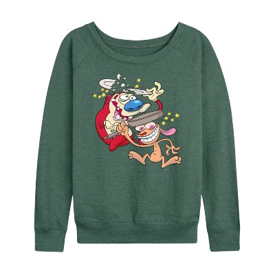 Women's - Ren & Stimpy - Smashing Time Lightweight French Terry Wide Neck Long Sleeve Graphic Shirt