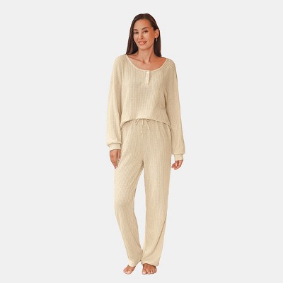 Women's Pink Waffle Knit Long Sleeve & Pants Pajama Set - Cupshe