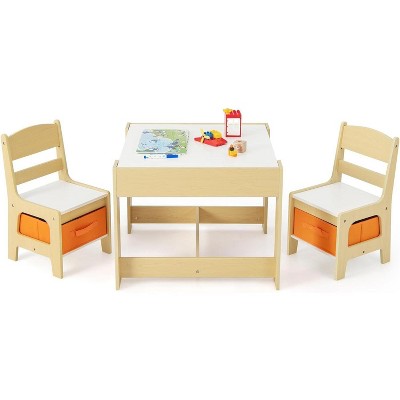 Jojoka 3-in-1 Kids Table and Chair Set with Storage Drawer, Double-Sided Blackboard, Toddler Activity Desk & Chairs – Natural Finish