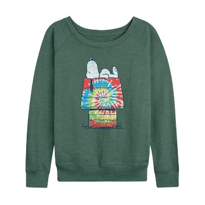 Women's - Peanuts - Snoopy Tie Dye House Lightweight French Terry Wide Neck Long Sleeve Graphic Shirt