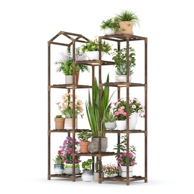 4-Tier Wooden Plant Stand with Grow Light - Ladder Shelf for Indoor Plants, Balcony or Living Room - Space Saving Carbonized Wood Design