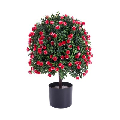21 Inch Artificial Rose Topiary Ball Tree, Faux Potted Boxwood Topiary Plant, Faux Shrubs Green Plant with Flowers for Front Porch Backyard