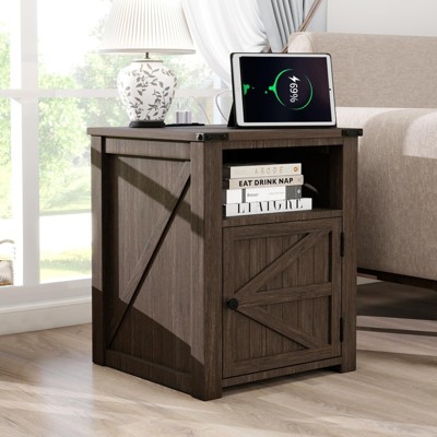 Dyonery 18" Rustic Nightstand with Chargers Dark Gray Living Room Rustic Nightstand Wooden Nightstand