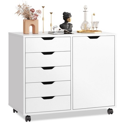 GALAXHERO Storage Cabinet 5-Drawer Wood Dresser Chest with Door Mobile Printer Stand for Home Office