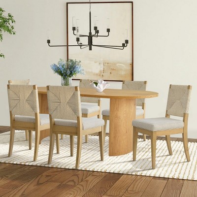 7-Pcs Dining Set for 6 Person,79" Oak Oval Dining Table & Upholstered Wood Armless Dining Chairs with Paper Rope Back for Dining Room-Tanpinhause