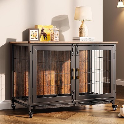 Dog Crate Kennel Cage for Large Dogs 37.5 Inch Wooden Crates Indoor Kennels with Lockable Wheels
