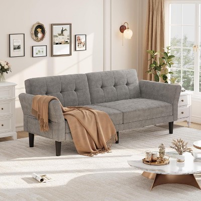 89" Futon Sofa Bed, Modern Convertible Sleeper Sofa with Adjustable Backrest & Armrest, Comfy Futon Couch Bed with 2 Pillows