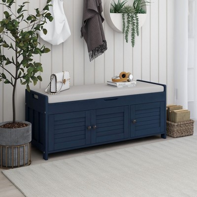 Storage Bench with 3 Shutter-shaped Doors, Removable Cushion and Hidden Storage Space-ModernLuxe