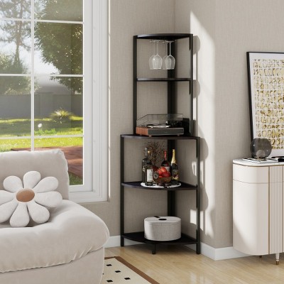 LIVAREEmlen 5 Tier Corner Shelf with USB Plug,Glass Holder,Tall Standing Shelf for Wall Corner, Narrow Bookshelf