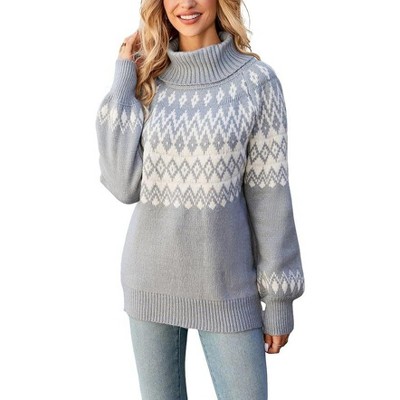 Coolmee Women's Fair Isle Sweaters Vintage Argyle Iceland Norway Sweater Colorful Turtleneck Long Sleeve Pullover Jumper Tops