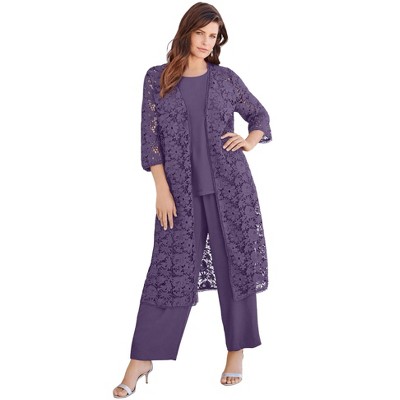 Roaman's Plus Size 3-Piece Allover Lace Duster Pant Set – Formal Wear