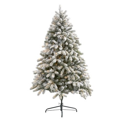 Nearly Natural 6-ft Flocked South Carolina Spruce Artificial Christmas Tree with 450 Clear Lights and 925 Bendable Branches