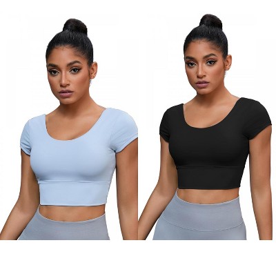 INSPIRE CHIC 2 Pcs Women's U Neck Short Sleeve Deep V Back Workout Tank Tops with Built-in Bras