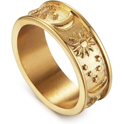 Sun, Moon and Star Statement Ring - 8mm Boho Stainless Steel Unisex Ring for Women & Men