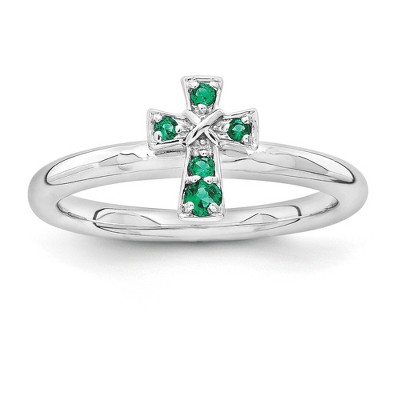 Black Bow Jewelry Rhodium Sterling Silver Stackable Created Emerald 9mm Cross Ring