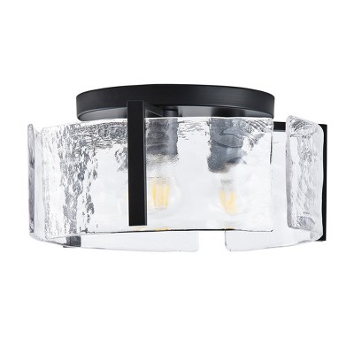 Dewdrop Farmhouse Flush Mount Ceiling Light, 3-Light Black Ceiling Fixture with Wavy Clear Glass Shade for Dining Room Entryway