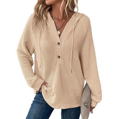 Womens Waffle Hooded Tops Loose Fit Sweater Knit Hoodie Front Half Open Placket Button Tops Lightweigt Textured Tops Waffle Sweat Tops
