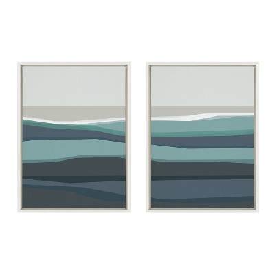 Kate and Laurel Sylvie Abstract Teal Beach Horizon Left and Right Framed Canvas by The Creative Bunch Studio, 2 Piece 18x24, White