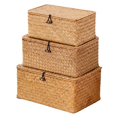 Aoibox Handwoven Natural Seagrass Storage Bins with Lids Set of 3 Rectangular Boho Multipurpose Home Organizer Boxes