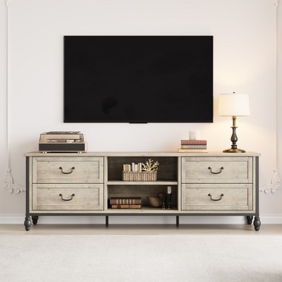 64 Inch Mid-Century Modern TV Stand with Storage, Entertainment Center Featuring Metal Roman Columns and Drawer