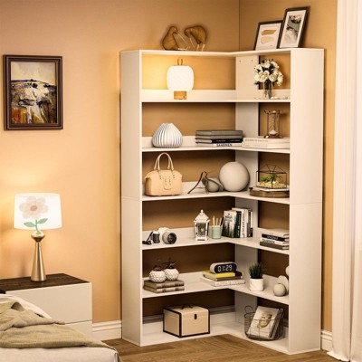 Jojoka 6-Tier Corner Bookshelf - Tall L-Shaped Industrial Bookcase with Baffles, Modern Display Shelf for Bedroom, Office, Living Room & Kitchen