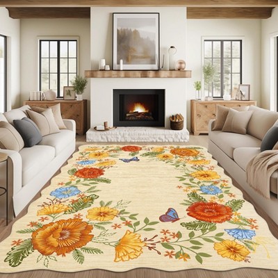 Floral Irregular Area Rug Ultra Thin Living Room Rugs