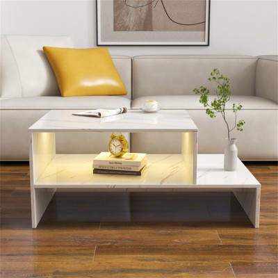 RISOKEYS Sculpture Coffee Table - Minimalist Architectural Design Coffee Table with Open Storage Shelves, ,Particleboard and MDF Construction