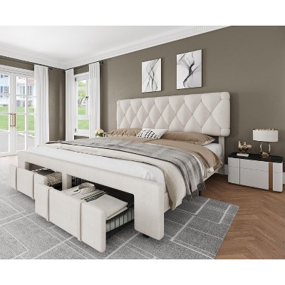CuisinSmart Modern Upholstered Bed Frame with Button Tufted Headboard & Storage Drawers, Wooden Slats Support, No Box Spring Needed