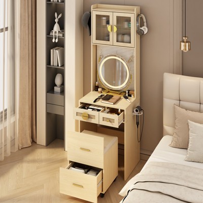 KTMBDW Vanity Desk with Mirror and LED Lights, Makeup Table with Charging Station and drawers and Storage Shelves for Small Space, Bedroom