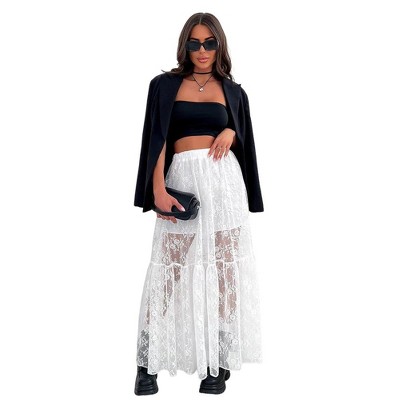 Women's See-Through Lace Skirt Elastic High Waist Sheer Mesh A-Line Half Long Skirts Without Lining