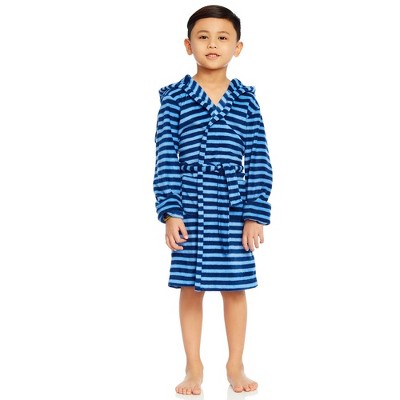 Leveret Kids Fleece Hooded Robe Striped Blue and Navy