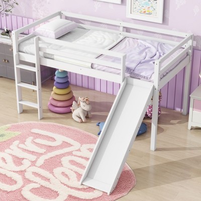 Kumasinova Twin Size Bunk Bed,Solid Rubberwood Low Loft Bed for Teens,Space-Saving Loft Bed Platform with Slide,Guardrails&Ladder,250lbs Max