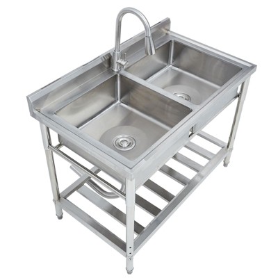 Stainless Steel Utility Sink, Freestanding Double Bowl with Pull-Out Hot & Cold Faucet, Storage Shelf