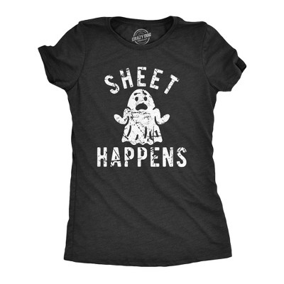 Womens Sheet Happens T Shirt Funny Halloween Ghost Disguise Joke Tee for Ladies - Crazy Dog Women's T Shirt For Halloween Season