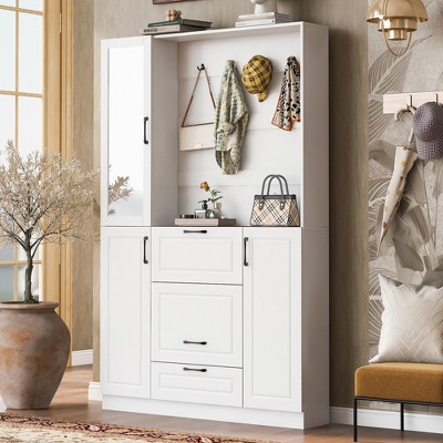 APRILSOUL 51.1'' Entryway Bench with Integrated Shoe Cabinet , 3-in-1 Design and Mirrored Cabinet Door