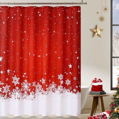 Christmas Shower Curtain, Red Snowflake Christmas Decorations Fabric Shower Curtains for Bathroom, 72x72 Inches