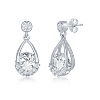 Bella Silver Sterling Silver Pear-Shaped Round Spinning CZ Earrings - Silver