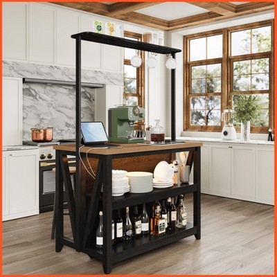 Homhougo Kitchen Island with Power Outlet & LED Lights, Bakers Rack with Storage, Large Kitchen Island Table with 3 Tier wood color Black