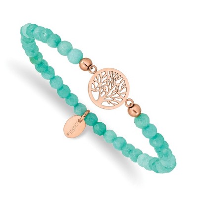 Chisel Stainless Steel Rose IP-plated Tree of Life 4mm Mint Jade Beaded Stretch Bracelet