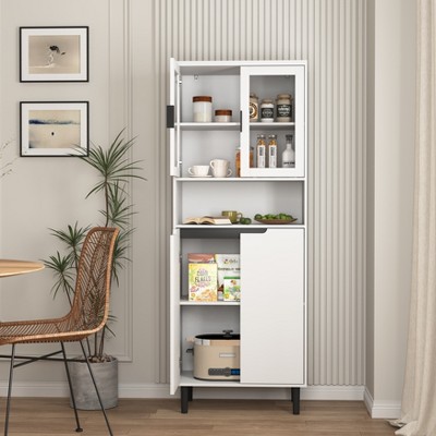 MAYEERTY Tempered Glass Door Tall Bookcase with Adjustable Shelves, 4-Door MDF Painted Cabinet in Black for Living/Bedroom