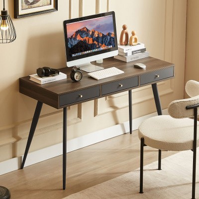 LIVAREEmlen Mid Century Desk with USB Ports and Power Outlet, Modern Writing Study Desk with Drawers, Multifunctional Home Office Computer Desk