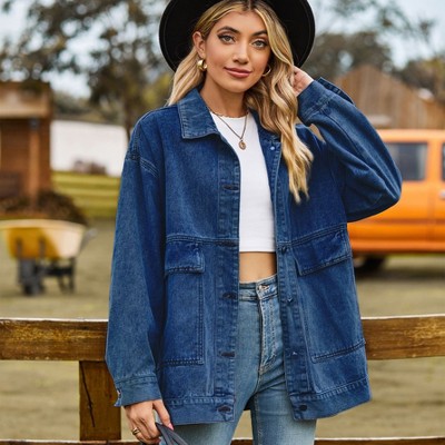 Clearlove Womens Oversized Drop Shoulder Denim Jacket Relaxed Fit Casual Distressed Washed Button Front Utility Pockets Coat
