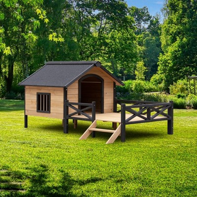 Garvee Outdoor Wooden Dog Kennel with Spacious Porch, Weatherproof Pet House with Ventilation Window & Raised Floor for Large Dogs