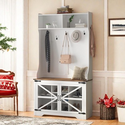 GustoWave Hall Tree with Shoe Storage, 4-in-1 Coat Rack with 7 Shoe Cubbies & 7 Coat Hooks, Entryway Bench Mudroom Storage Cabinet for Hallway