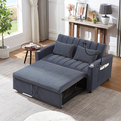 55.9" Bella Fabric Convertible Loveseat Sofa Bed with 3 USB Ports, Cup Holders, Side Pockets & 360° Swivel Phone Holder