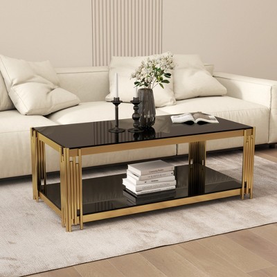 47" Tempered Glass & Stainless Steel Rectangular Double-Layer Coffee Table for Living Room and Office