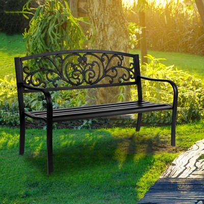 KTMBDW Outdoor 50 Inches Garden Bench, Slatted Seat Armrests Floral Design Backres and Arch Legs for Park, Yard, Porch, Lawn, Balcony, Backyard, Black