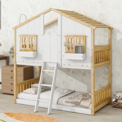 Dolonm Twin over Twin House Bunk Bed with Roof,Kids' Bed,Window Box, Door , with Safety Guardrails and Ladder