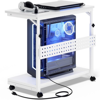 Aheaplus Height Adjustable Computer Tower Stand with Charging Station, Mobile Rolling CPU Holder with Wheels