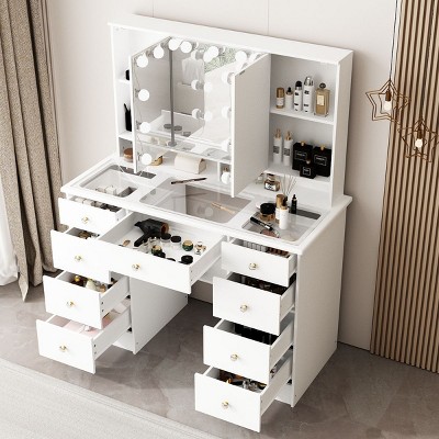 Famapy 43"W Large Vanity Table 9-Drawer Vanity Set with Crystal Pulls and Versatile Mirror Lighting